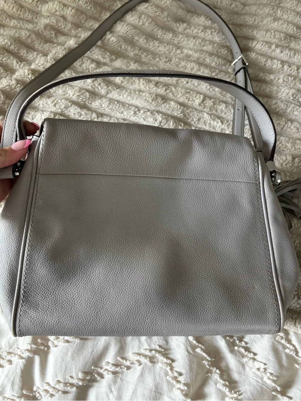 kate spade Silver-Gray Pebbled Leather Shoulder Bag with Tassel